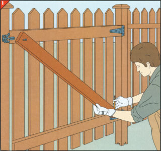 illustration of a person bracing a fence gate with a wooden board